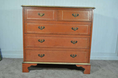 Vintage Chippendale Style Orange Tooled Leather Commode Chest of Drawers Dresser