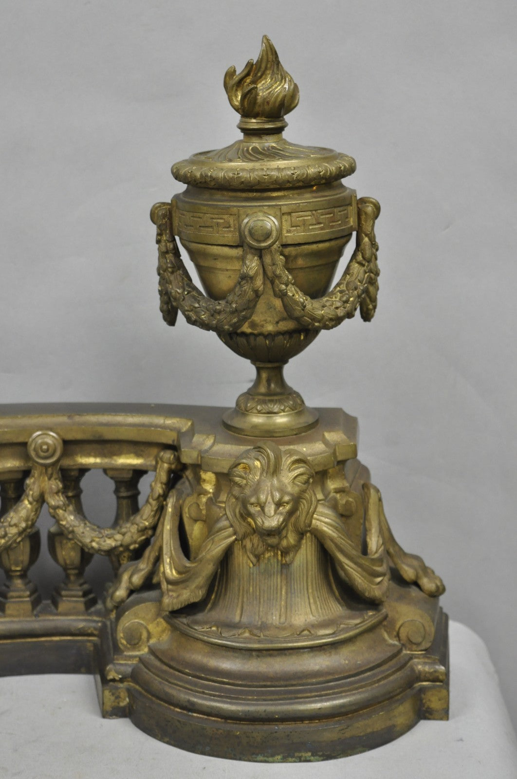 Antique French Empire Patinated Bronze Lion Flame Urn Chenet Andirons - a Pair