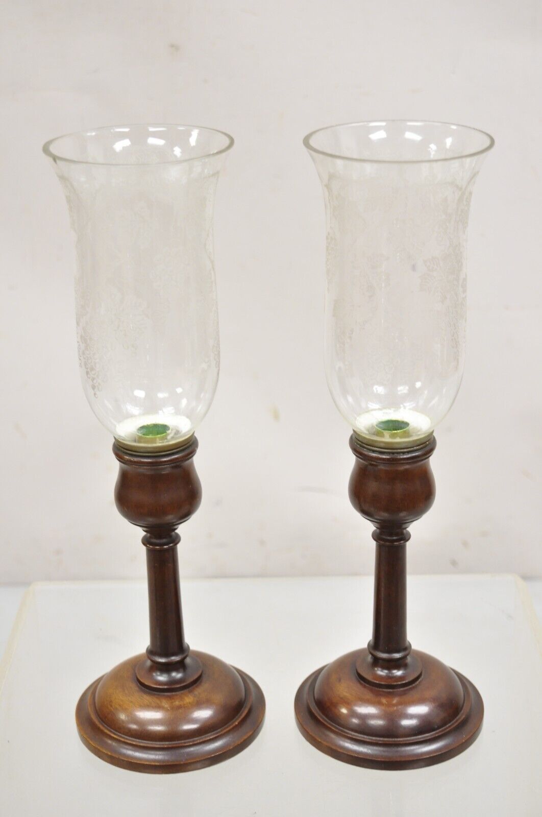 Antique English Regency Mahogany Hurricane Glass Shade Candle Holders - a Pair