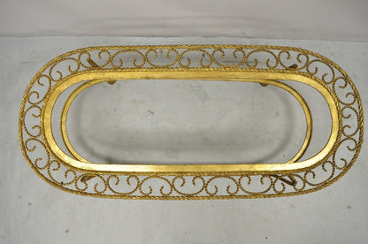 Italian Hollywood Regency Gold Gilt Iron Oval 2 Tier Rope Tassel Coffee Table