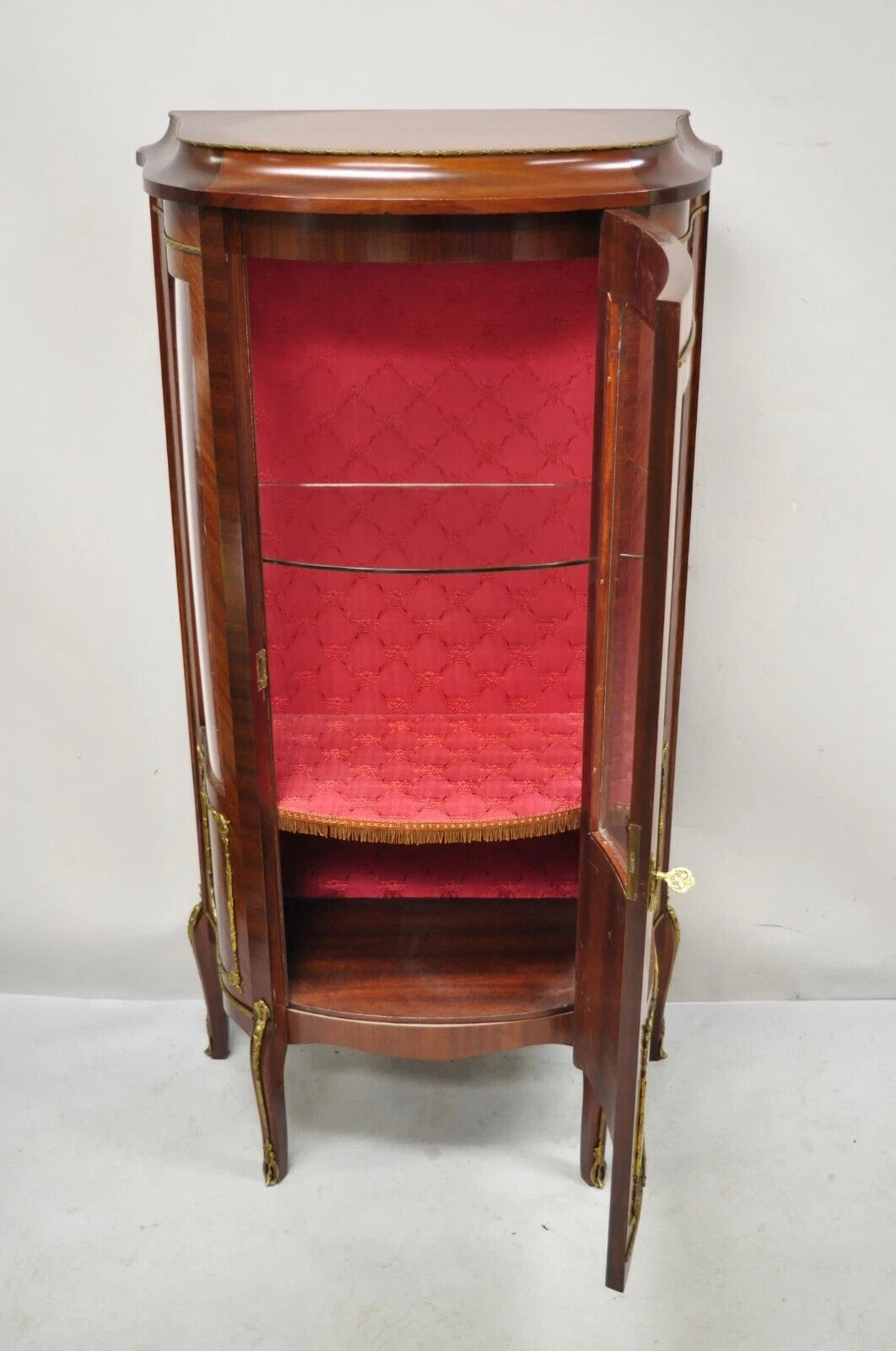 Vintage French Louis XV Style Small Bowed Glass Inlaid Curio Display Cabinet