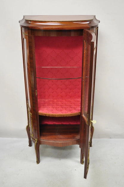 Vintage French Louis XV Style Small Bowed Glass Inlaid Curio Display Cabinet