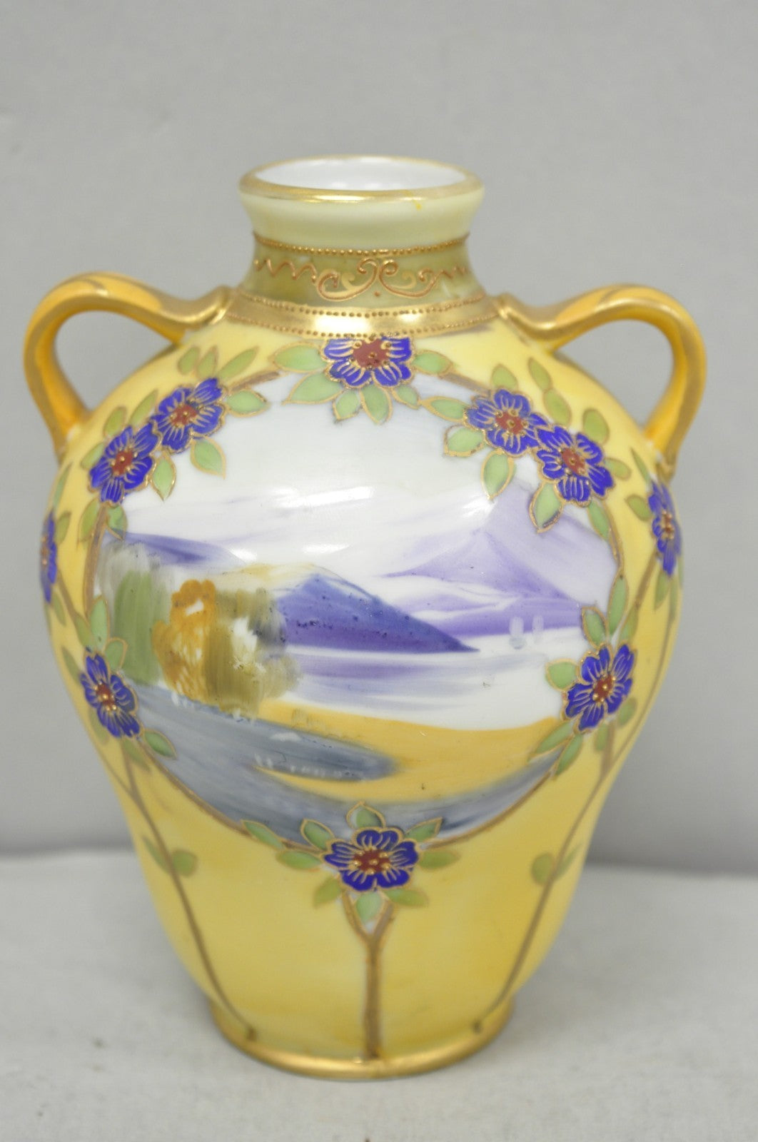 Antique Nippon Hand Painted Porcelain Moriage Mountain Scene Small Yellow Vase