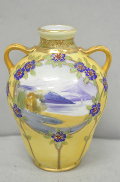 Antique Nippon Hand Painted Porcelain Moriage Mountain Scene Small Yellow Vase
