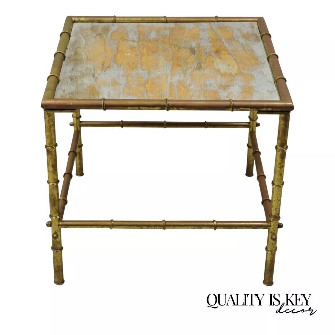 Italian Hollywood Regency Faux Bamboo Brass Tole Metal Low Square Side Table