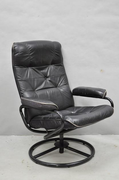 Vintage Black Leather Ekornes Stressless Style Swivel Recliner Lounge Chair