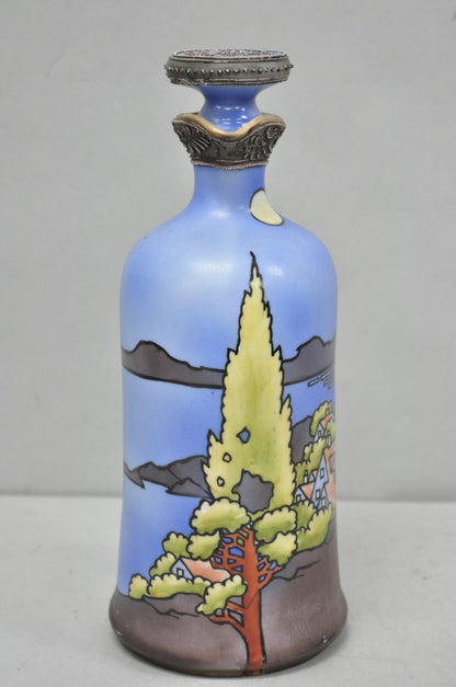 Antique Nippon Hand Painted Blue Halloween Pattern Porcelain Wine Jug w/ Cork