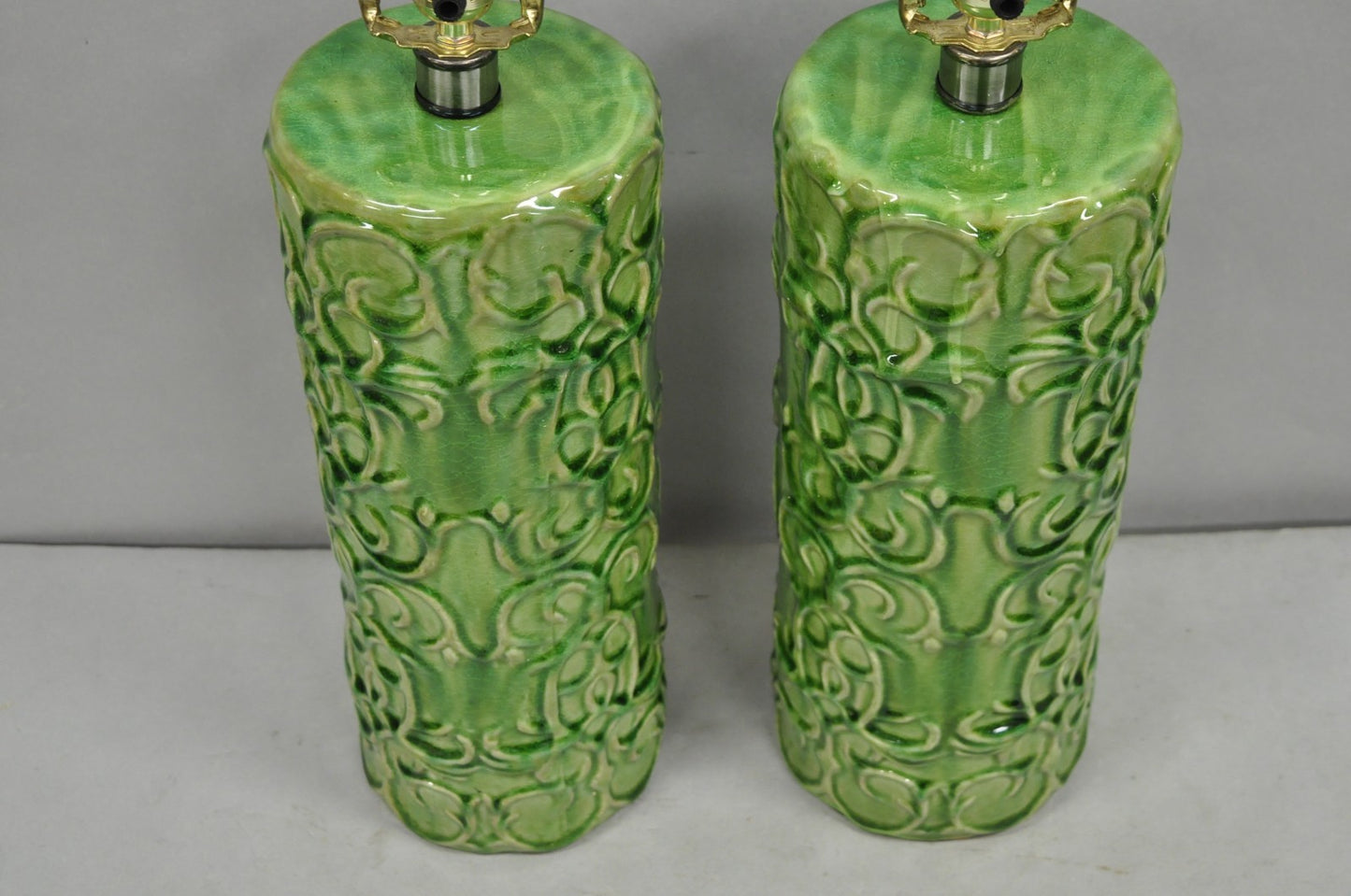 Contemporary Modern Green Glazed Ceramic Scroll Decorated Table Lamps - a Pair