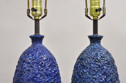 Vintage Mid Century Modern Blue Lava Drip Glazed Ceramic Table Lamp - a Pair