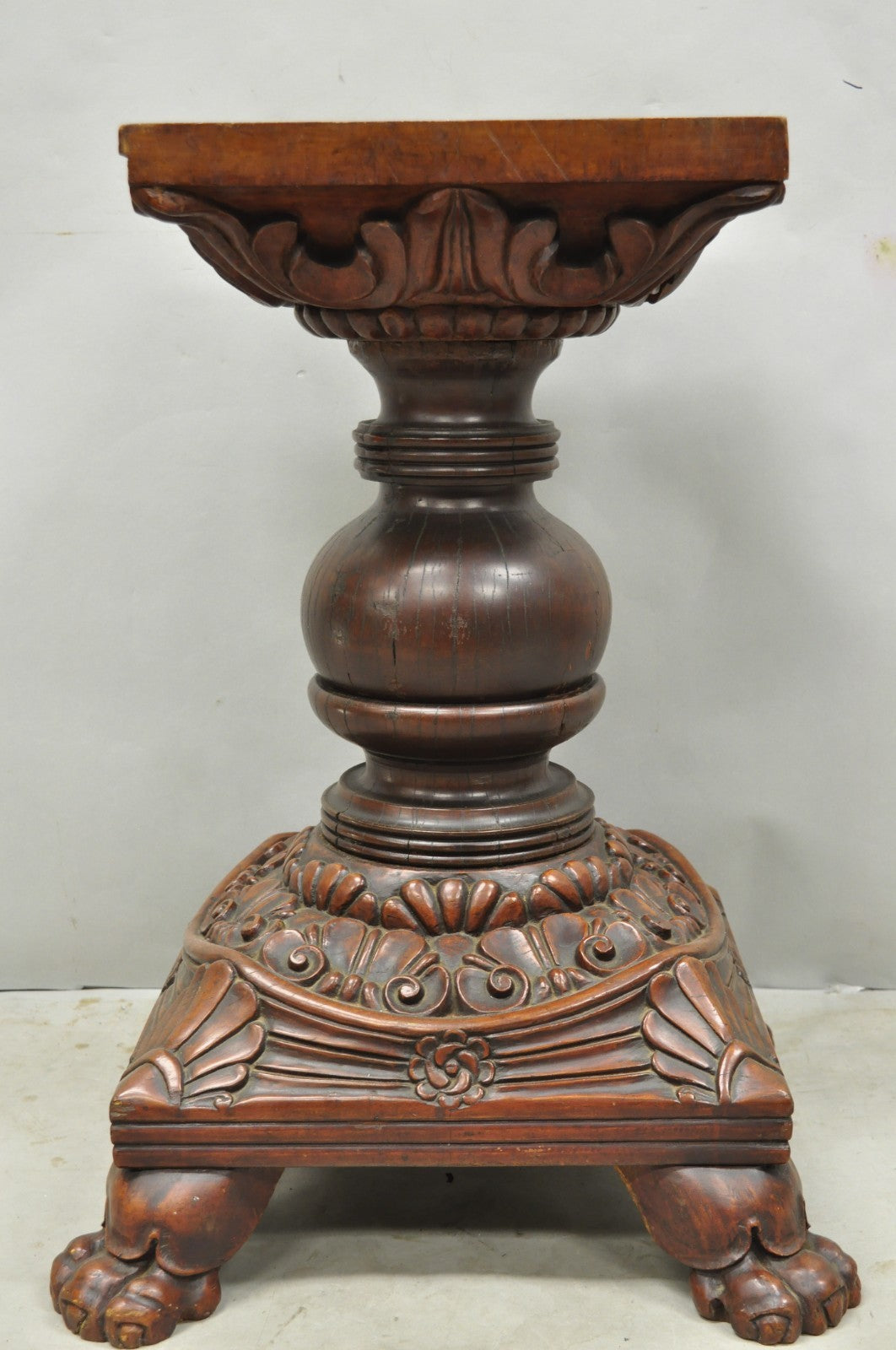 Antique American Empire Carved Mahogany Cannonball Paw Foot Pedestal Table Base