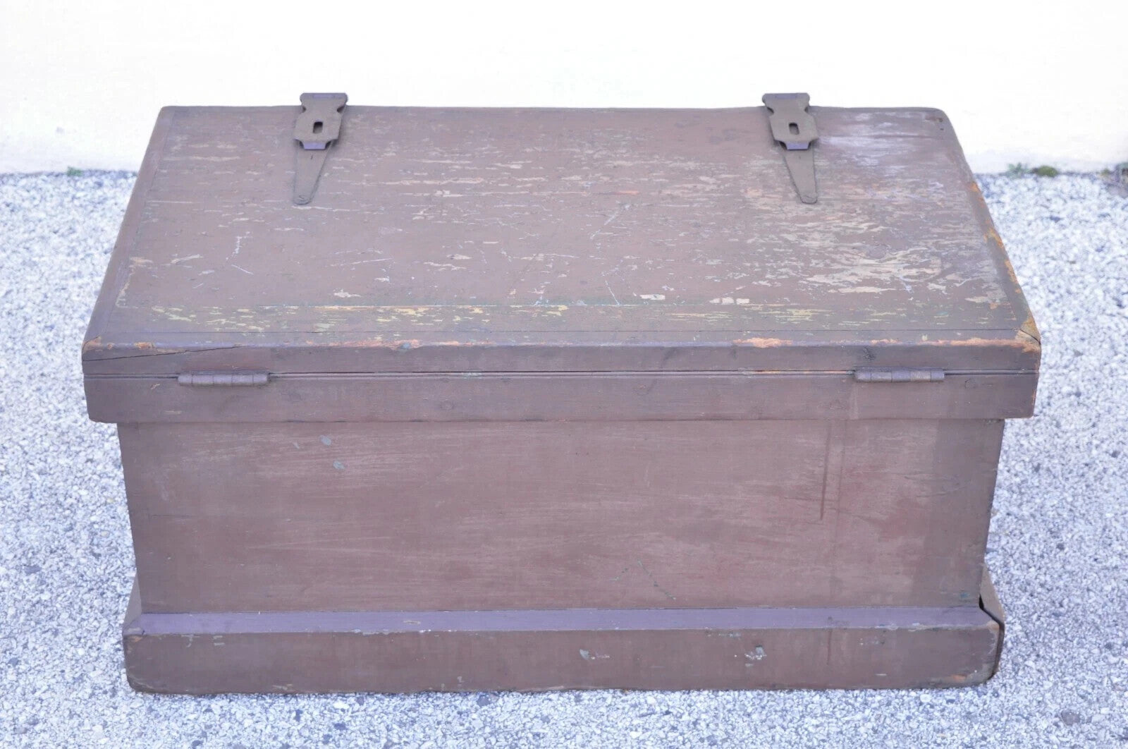 Antique English Campaign Brown Painted Wooden Military Blanket Chest Trunk
