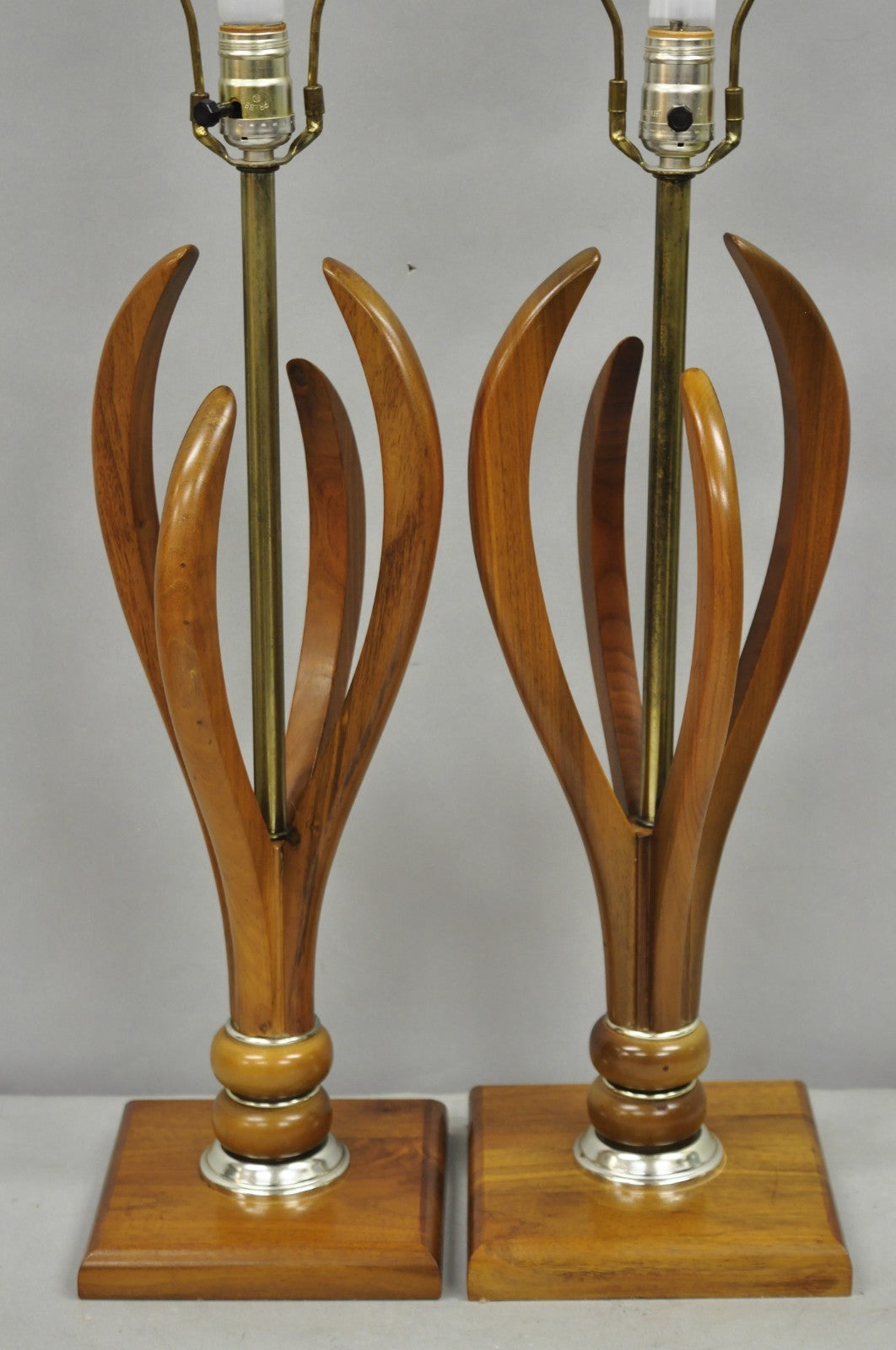 Vintage Mid Century Modern Sculptural Walnut Wood & Brass Table Lamps - a Pair