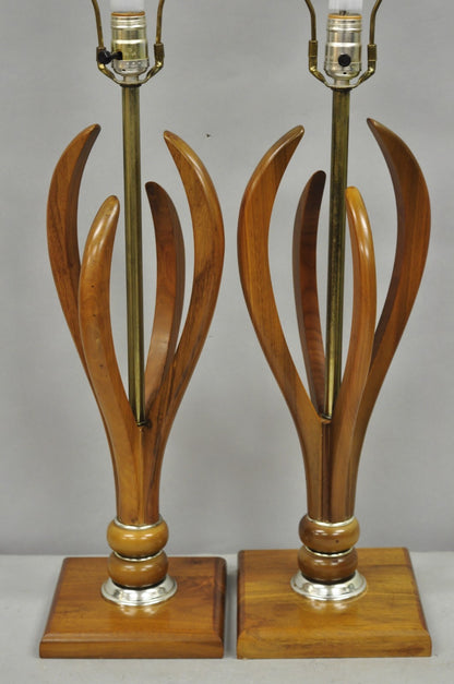 Vintage Mid Century Modern Sculptural Walnut Wood & Brass Table Lamps - a Pair