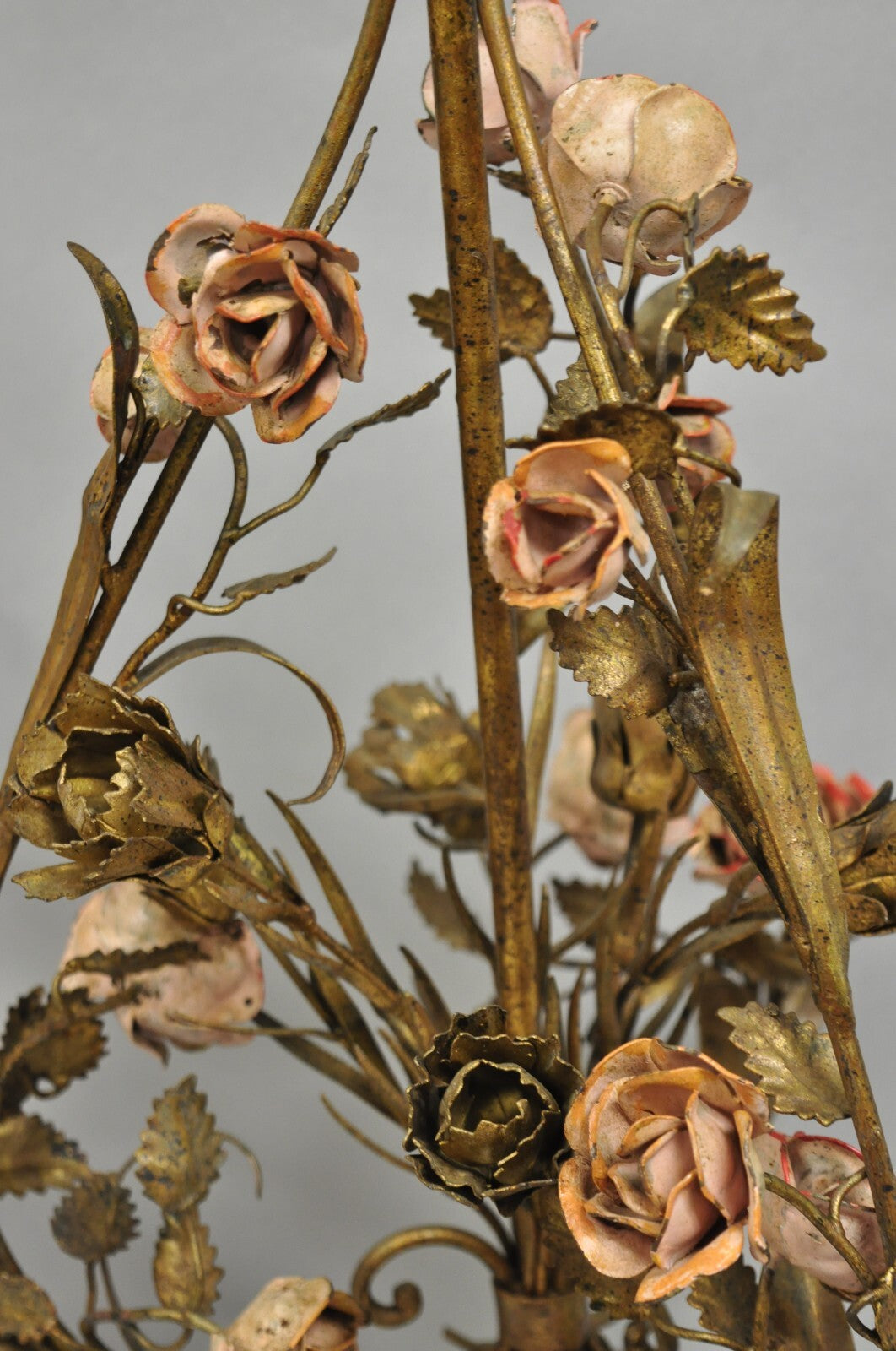 Italian Hollywood Regency Gold Gilt Iron Metal Pink Rose Tall Table Lamps Pair