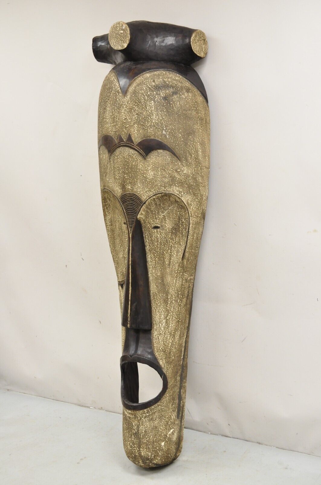 Large 80" Gabon African Carved Wood Elongated Fang Ngil Mask Sculpture Statue