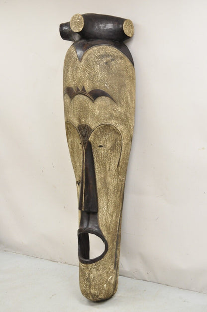 Large 80" Gabon African Carved Wood Elongated Fang Ngil Mask Sculpture Statue
