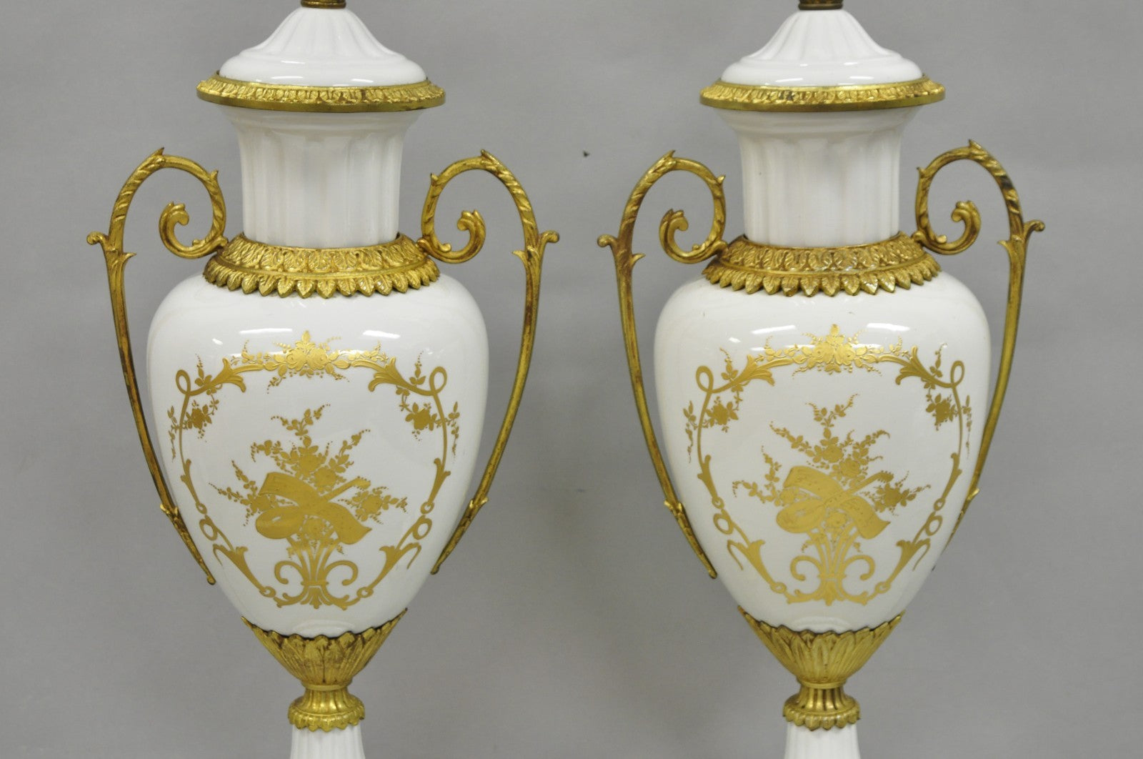 Antique French Louis XV Hand-Painted Porcelain Urn Bronze Table Lamps - a Pair