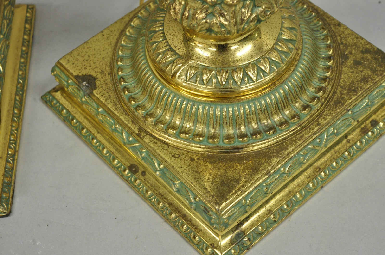 Vintage Hollywood Regency Brass Empire Green Column Gold Table Lamps - a Pair