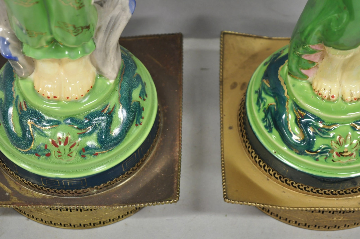 Vintage Art Deco Japanese Figural Green Porcelain Man & Women Table Lamps - Pair