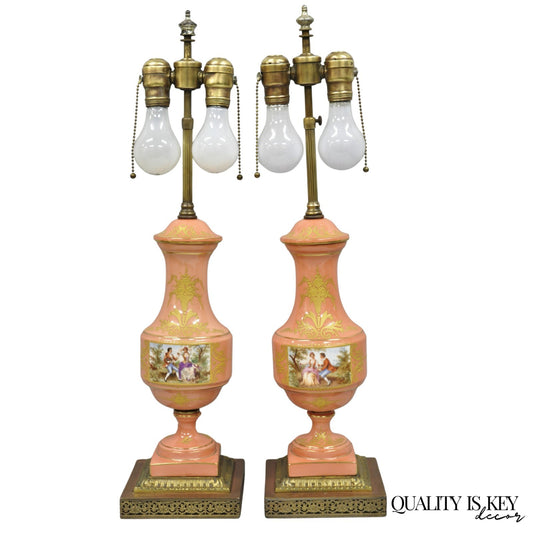 Antique French Victorian Paris Porcelain Coral Figural Painted Table Lamps, Pair