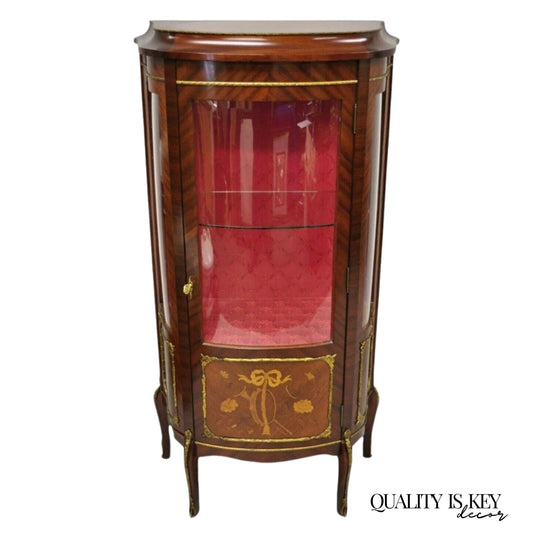 Vintage French Louis XV Style Small Bowed Glass Inlaid Curio Display Cabinet