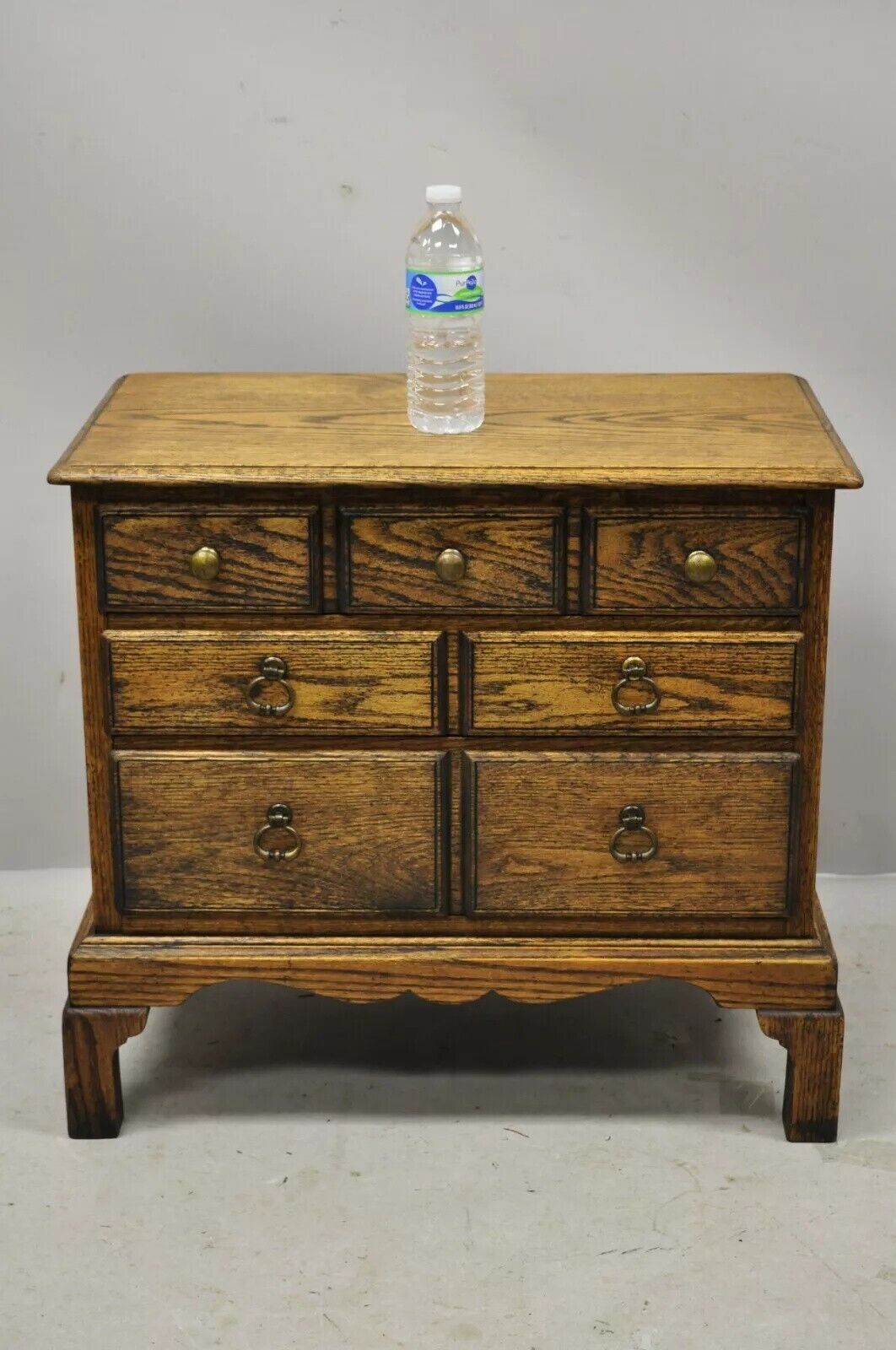 Vintage English Colonial Oak Wood Small Campaign Chest Nightstand Side Table