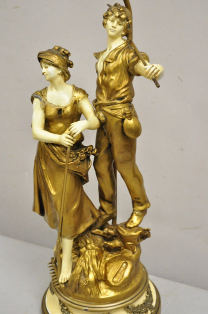 Antique French Renaissance Moreau Figural Metal Table Lamp, Wife & Farmer