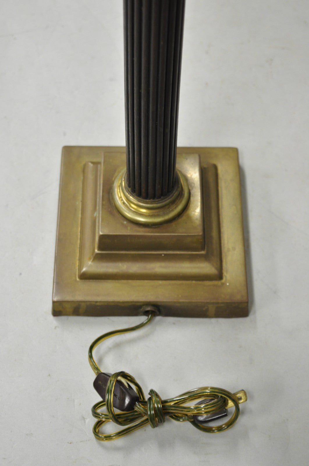 Antique French Empire Brass Converted Oil Lamp Mahogany Wood Column Table Lamp