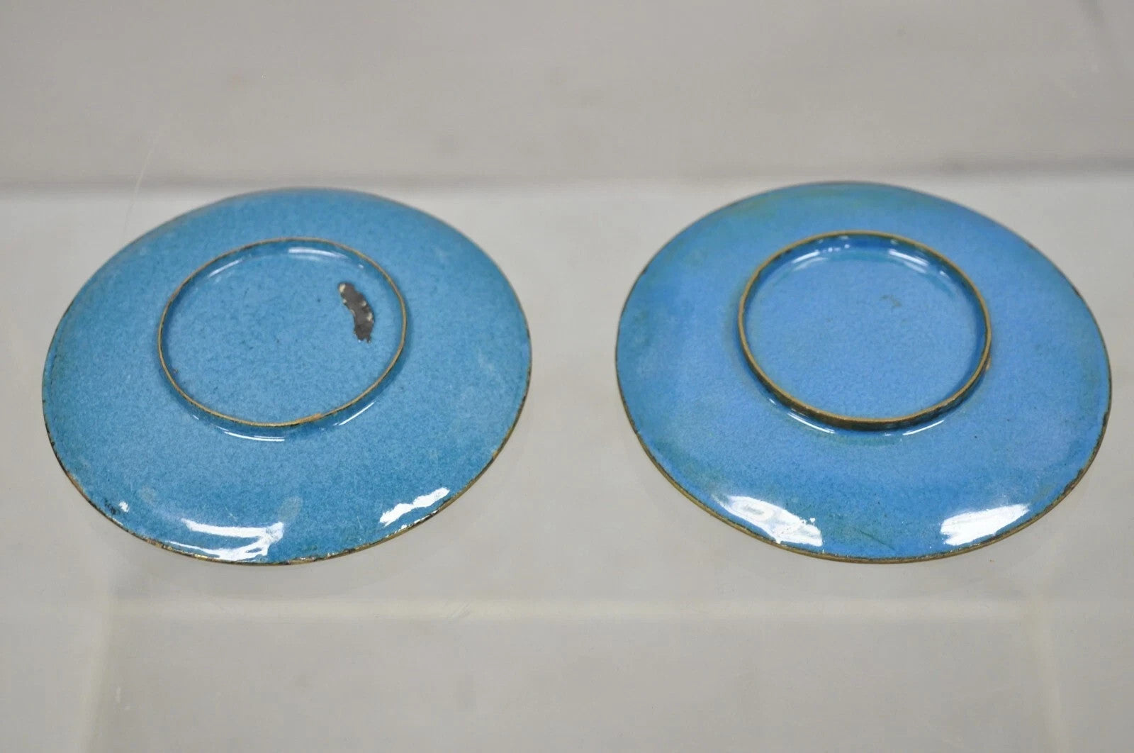Vintage Brass Enamel Blue & Gold Floral Cloisonne Small Trinket Dish Set - Pair