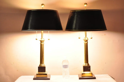 Vintage French Empire Brass & Italian Black Marble Column Table Lamps - a Pair