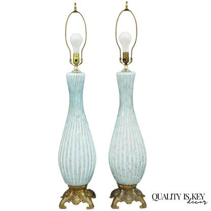 Vintage Mid Century Modern Blue Italian Murano Glass Gold Bubble Table Lamp Pair