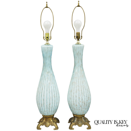 Vintage Mid Century Modern Blue Italian Murano Glass Gold Bubble Table Lamp Pair