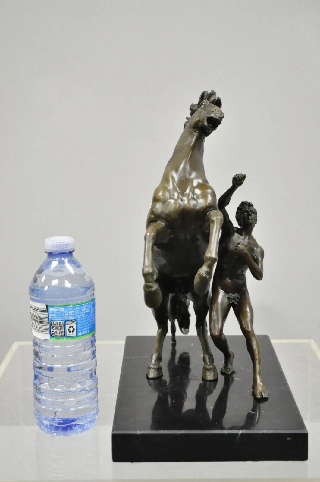 Vintage Bronze Marly Horse and Tamer Sculpture after Coustou on Marble Base Pair