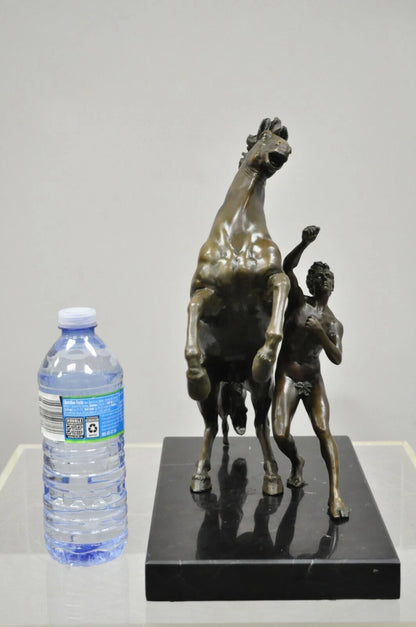 Vintage Bronze Marly Horse and Tamer Sculpture after Coustou on Marble Base Pair