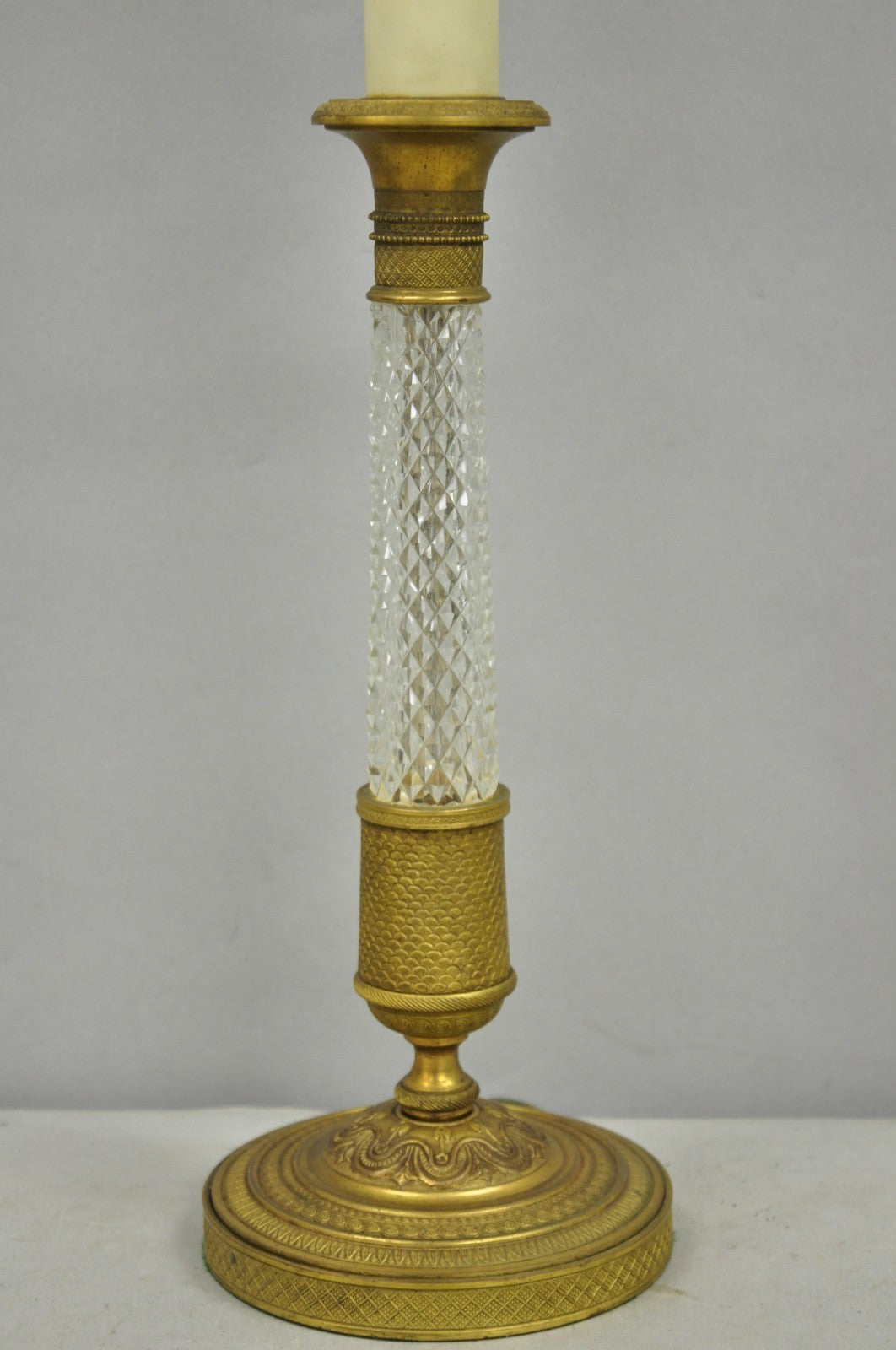 Antique French Empire Gilt Bronze Crystal Column Small Candlestick Table Lamp