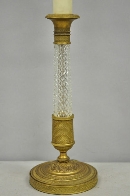 Antique French Empire Gilt Bronze Crystal Column Small Candlestick Table Lamp