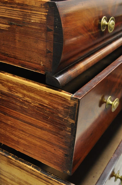 Antique American Empire Crotch Mahogany Step Back Tall Chest Dresser w/ Paw Feet