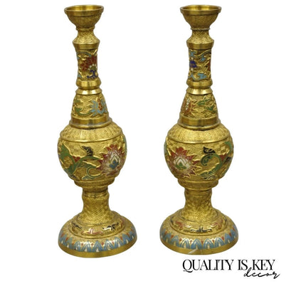 Vintage Japanese Cloisonne Enamel 13" Brass Bronze Candlestick Lamp Base - Pair