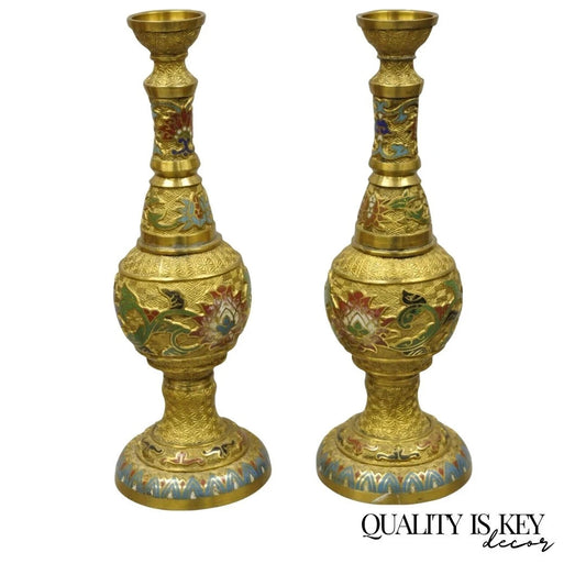 Vintage Japanese Cloisonne Enamel 13" Brass Bronze Candlestick Lamp Base - Pair