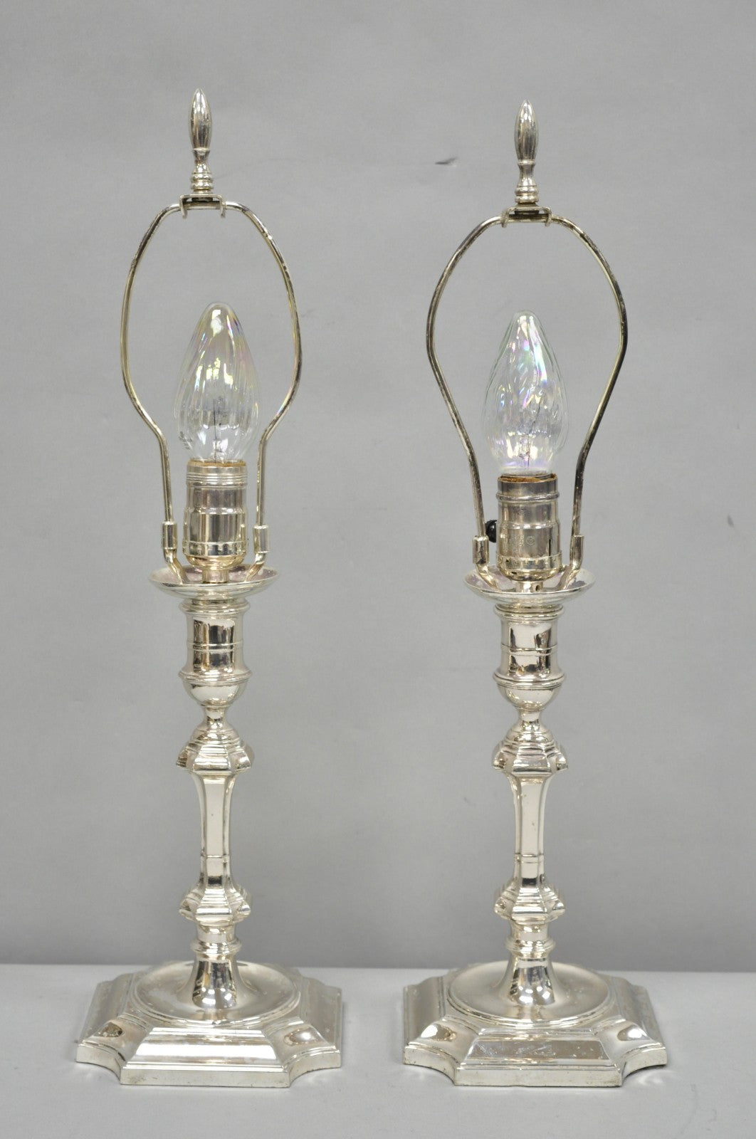 Antique English Regency Silver Plated Footed Candlestick Table Lamps - a Pair