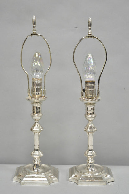 Antique English Regency Silver Plated Footed Candlestick Table Lamps - a Pair