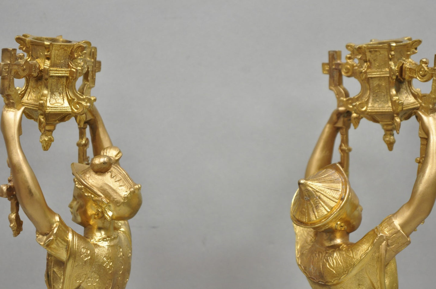Antique Orientalist Gold Gilt Bronze Figural Male and Female Candlesticks - Pair