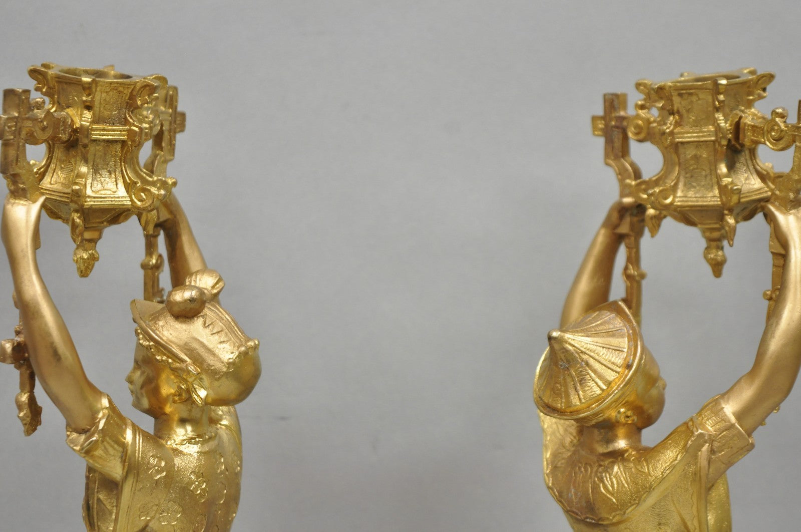 Antique Orientalist Gold Gilt Bronze Figural Male and Female Candlesticks - Pair