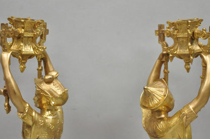 Antique Orientalist Gold Gilt Bronze Figural Male and Female Candlesticks - Pair