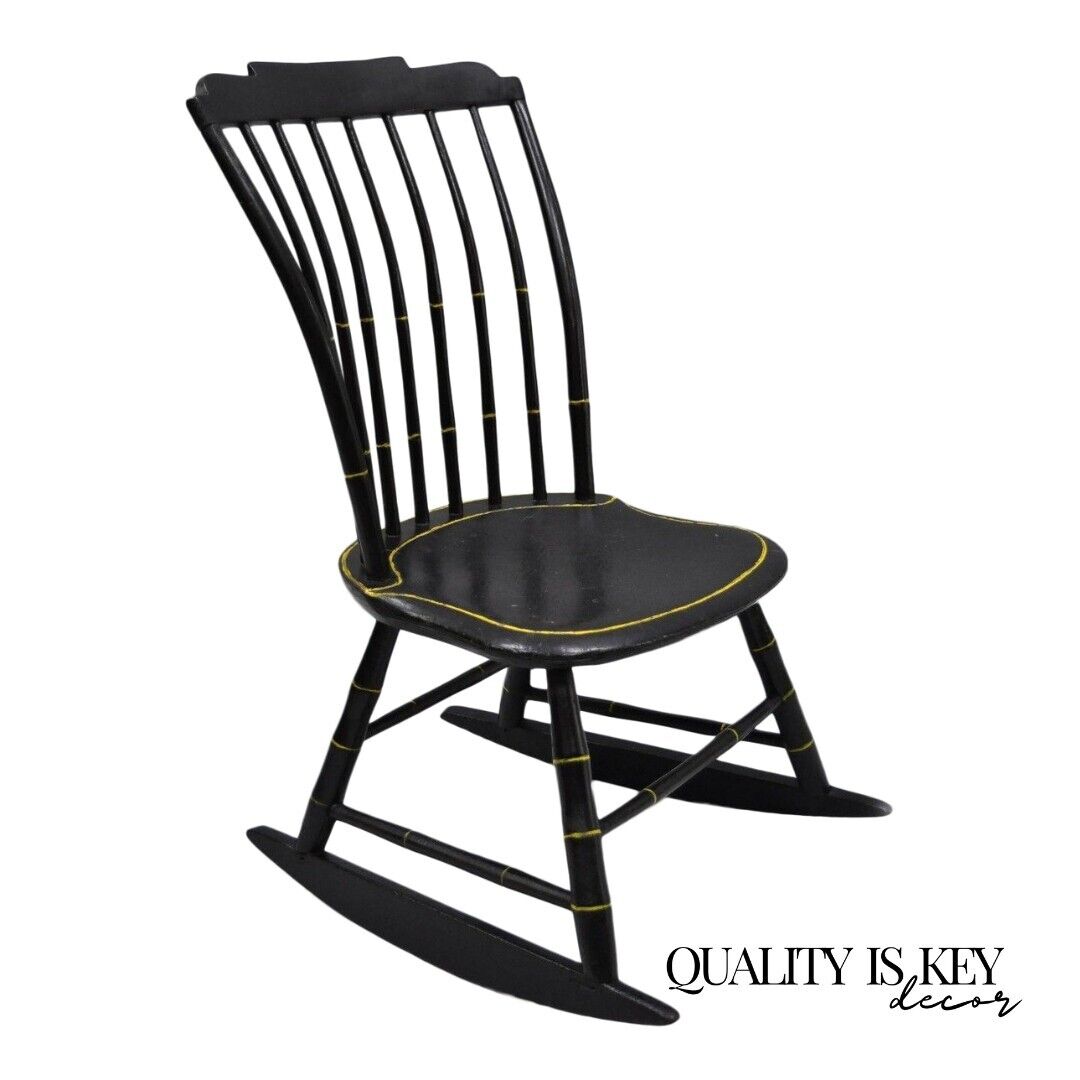 Antique Hitchcock Style Child's Black Bow Back Windsor Rocker Rocking Chair