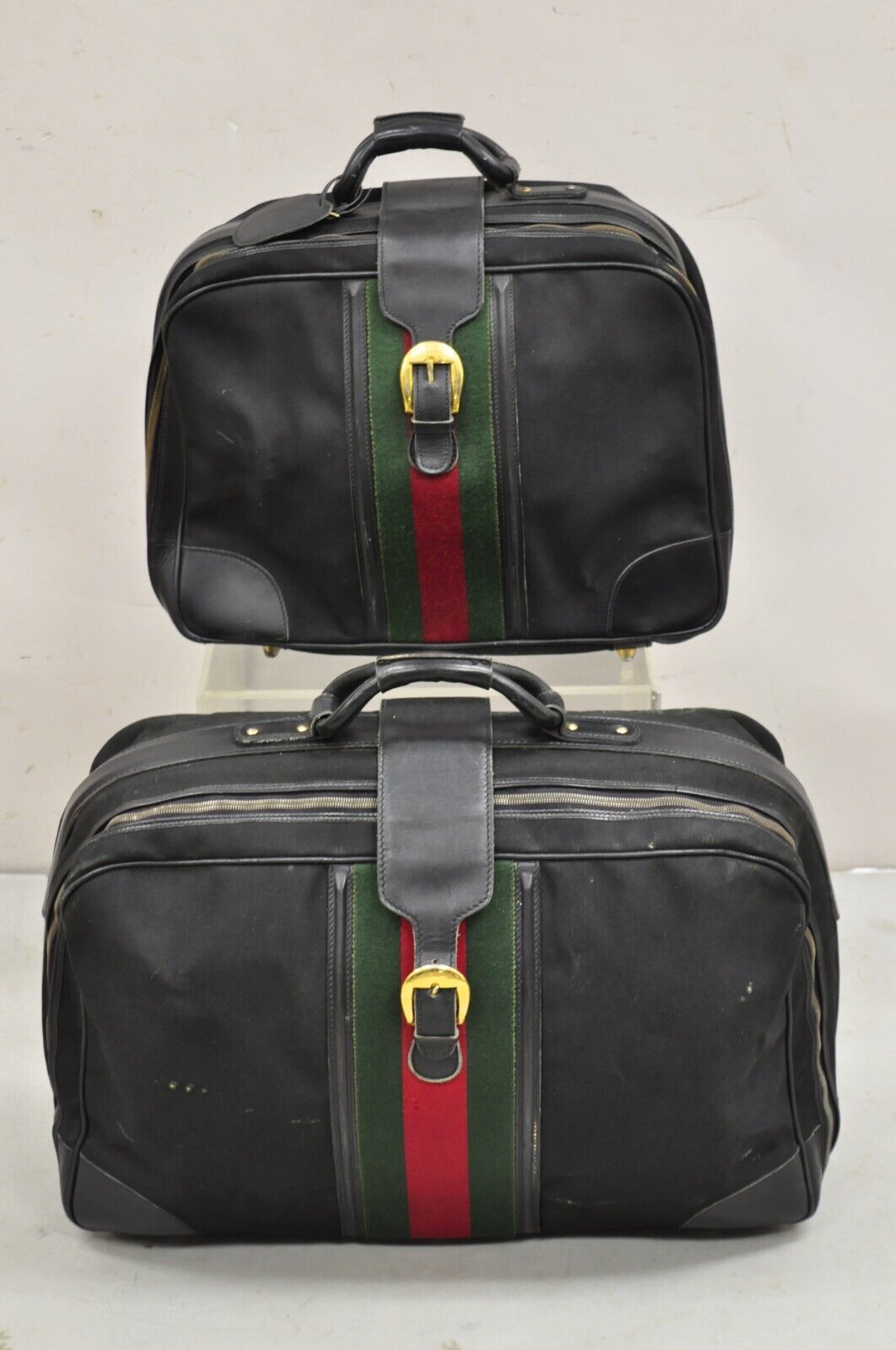 Vintage Gucci Black Canvas & Leather Suitcase Luggage Travel Bag Set - 2 Pcs