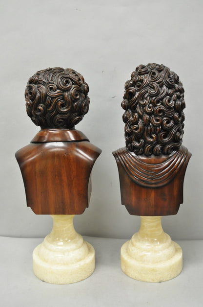 Classical Maitland Smith Style Carved Mahogany Wood Bust on Alabaster - a Pair