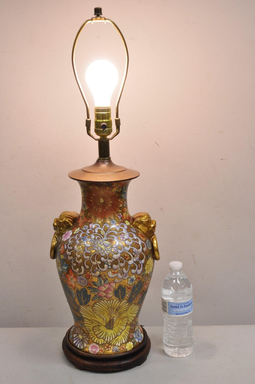 Vintage Chinoiserie Orange Porcelain Ceramic Foo Dog Table Lamp