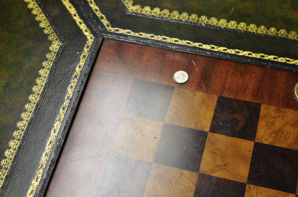 Maitland Smith Marquetry Inlay Leather Mahogany Game Table & 4 Shield Back Chair