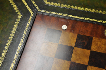 Maitland Smith Marquetry Inlay Leather Mahogany Game Table & 4 Shield Back Chair